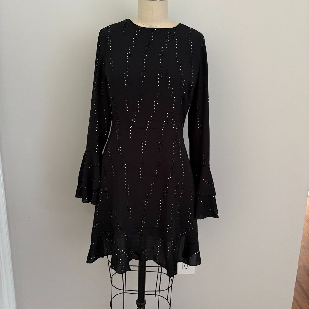 Who What Wear Bell Sleeve Tiered Ruffle Cuff Mini Dress Black Silver Dots XS